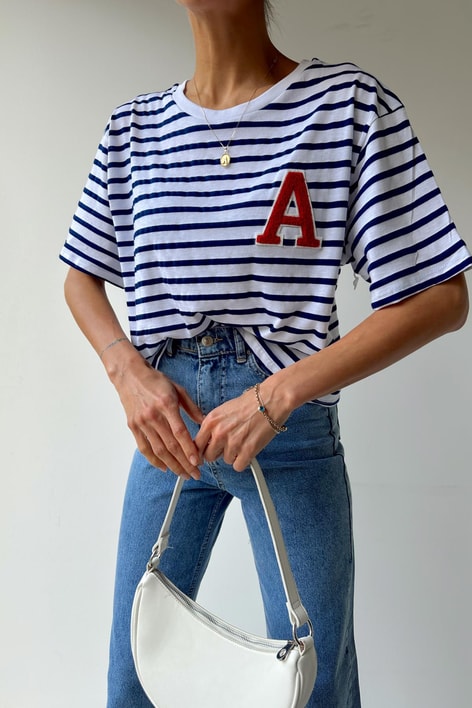 A Nakışlı Çizgili Crop Tişört Lacivert