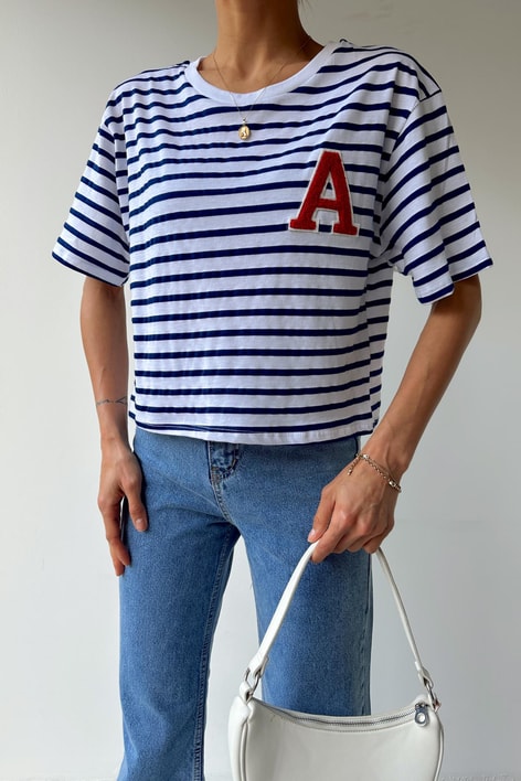 A Nakışlı Çizgili Crop Tişört Lacivert