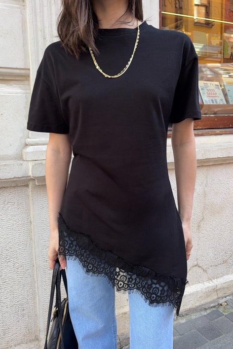 Asimettrik Dantel Tshirt Siyah