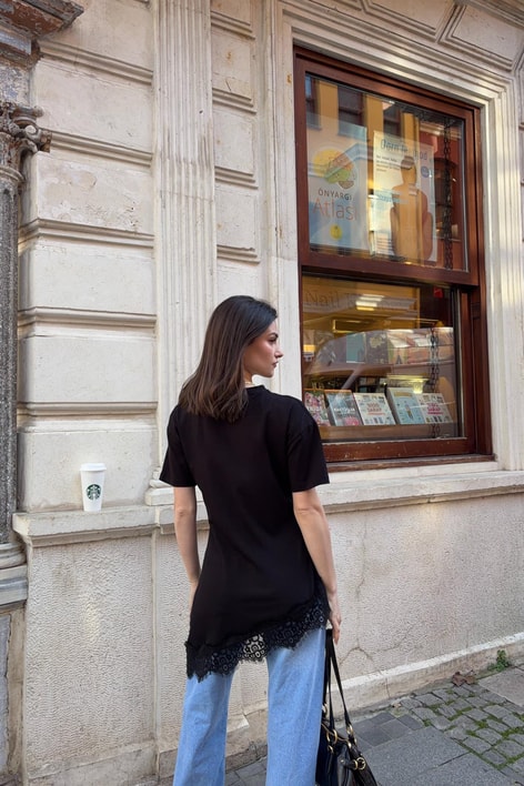 Asimettrik Dantel Tshirt Siyah