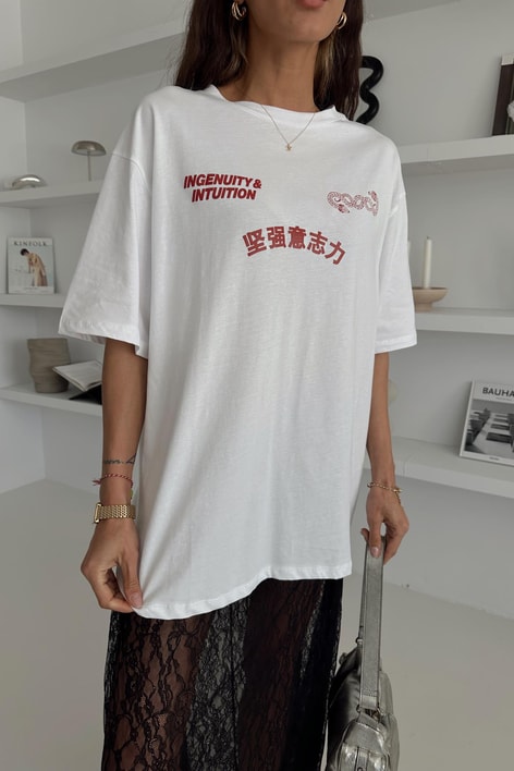 Attent Baskılı Oversize Tshirt Beyaz