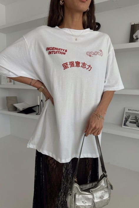 Attent Baskılı Oversize Tshirt Beyaz