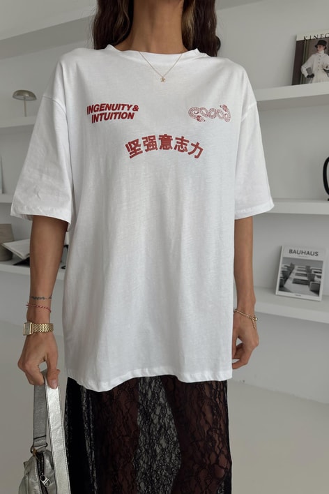 Attent Baskılı Oversize Tshirt Beyaz