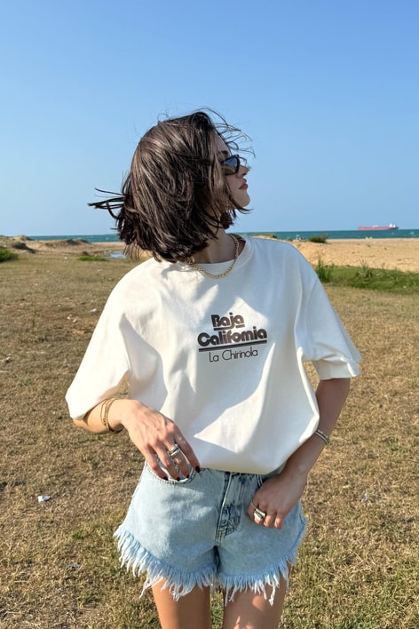 Baja Baskılı Tshirt Krem