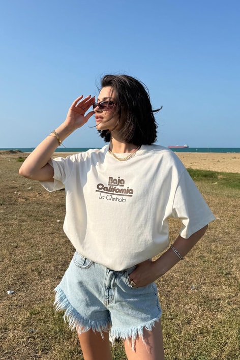 Baja Baskılı Tshirt Krem