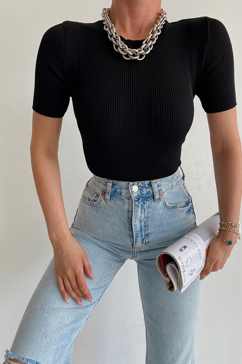 Basic Kısa Kollu Triko Tshirt Siyah
