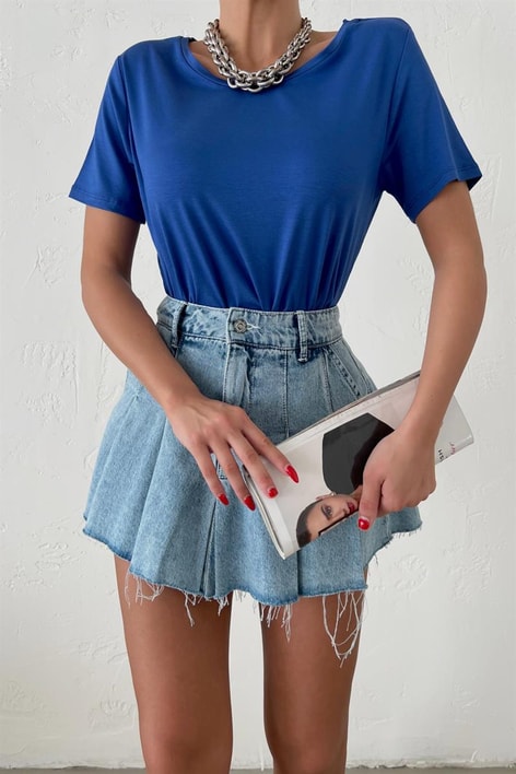 Bisiklet Yaka Basic Oversize Tshirt Mavi