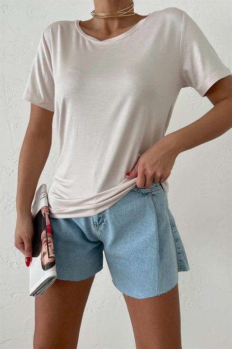 Bisiklet Yaka Basic Oversize Tshirt Bej