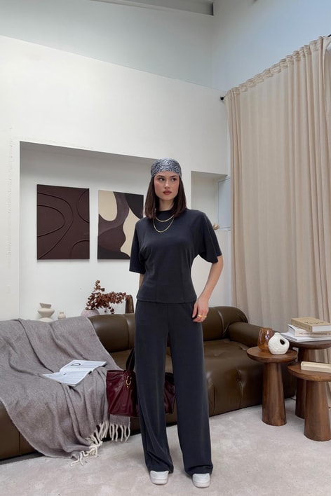 Bisiklet Yaka Basic Tshirt Antrasit