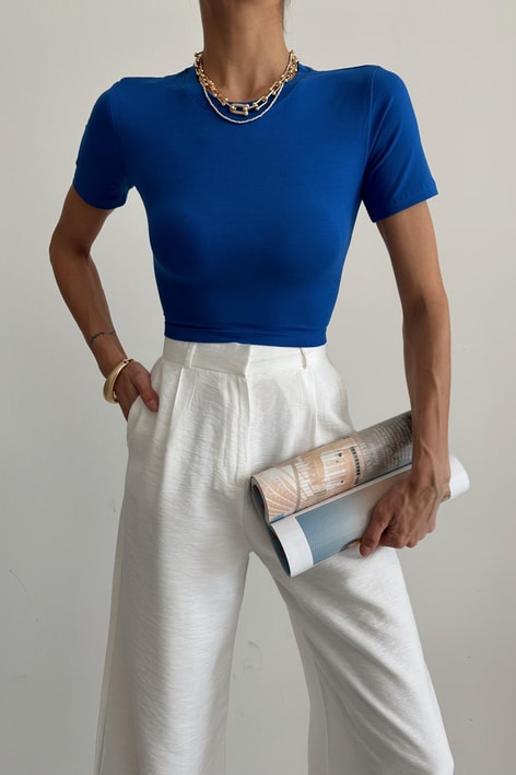 Bisiklet Yaka Basic Tshirt Saks Mavisi