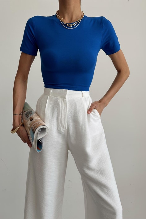 Bisiklet Yaka Basic Tshirt Saks Mavisi