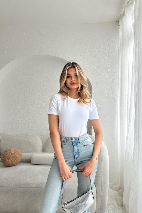 Bisiklet Yaka Crop Beyaz