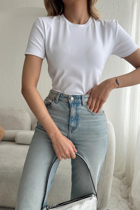 Bisiklet Yaka Crop Beyaz