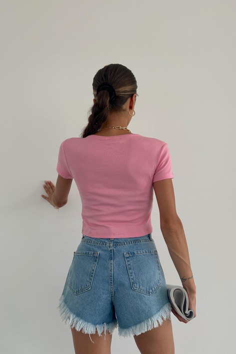 Bisiklet Yaka Crop Şeker Pembe