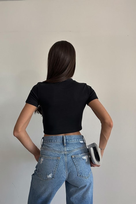 Bisiklet Yaka Crop Tshirt Siyah