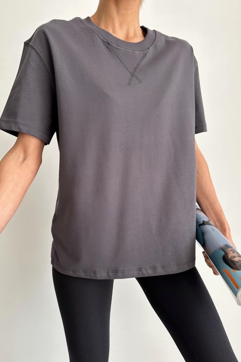 Bisiklet Yaka Dikiş Detay Tshirt Füme