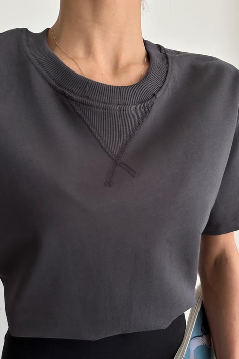 Bisiklet Yaka Dikiş Detay Tshirt Füme