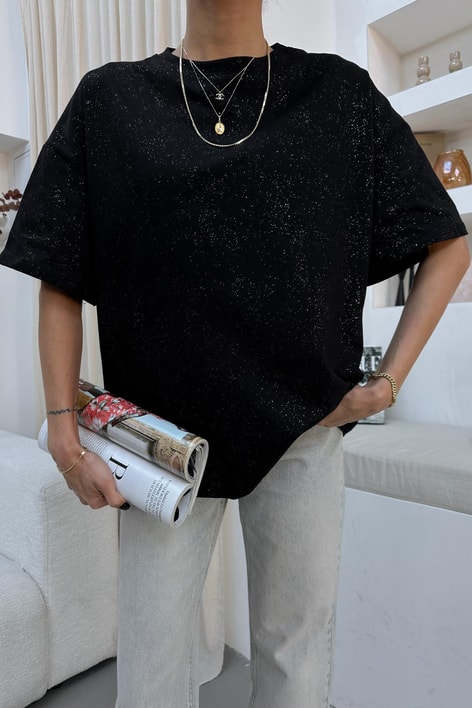 Bisiklet Yaka Simli Tshirt Siyah