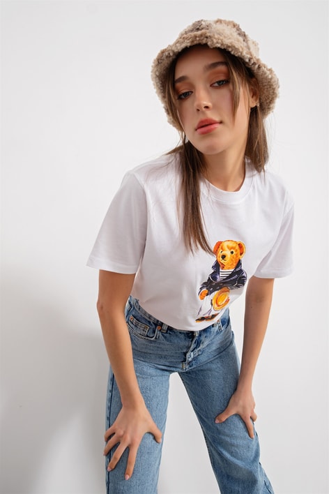 Bisiklet Yaka Teddy Tshirt Beyaz