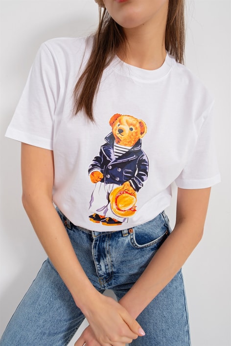 Bisiklet Yaka Teddy Tshirt Beyaz