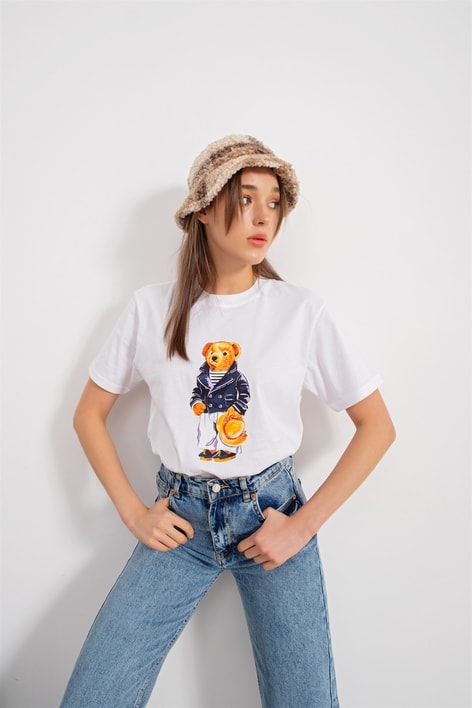 Bisiklet Yaka Teddy Tshirt Beyaz