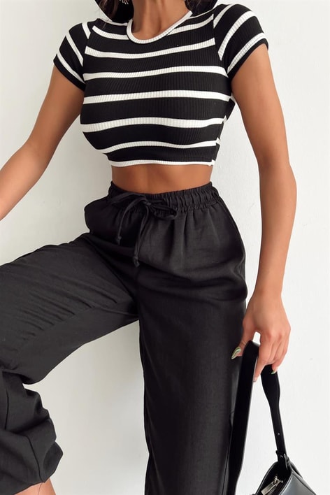 Çizgili Crop Tshirt Siyah