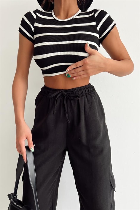 Çizgili Crop Tshirt Siyah