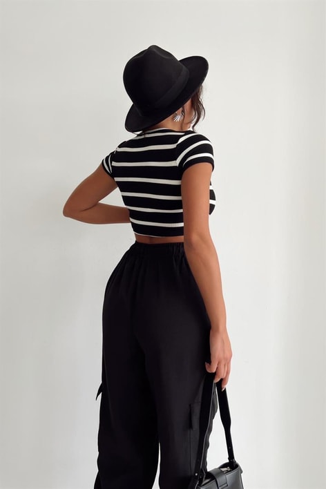 Çizgili Crop Tshirt Siyah