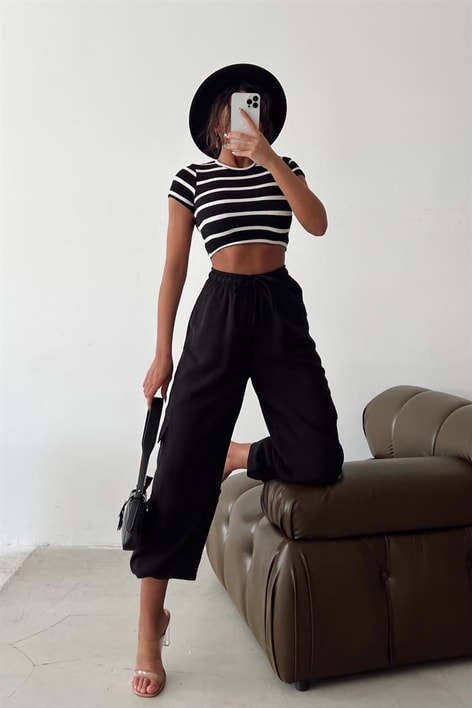 Çizgili Crop Tshirt Siyah