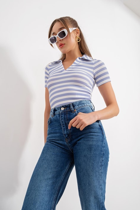 Çizgili Kaşkorse Tshirt Mavi