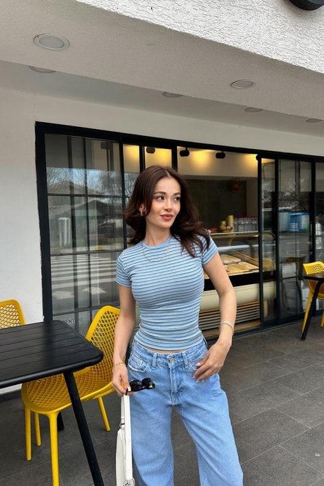 Çizgili Kısa Kol Tshirt Mavi