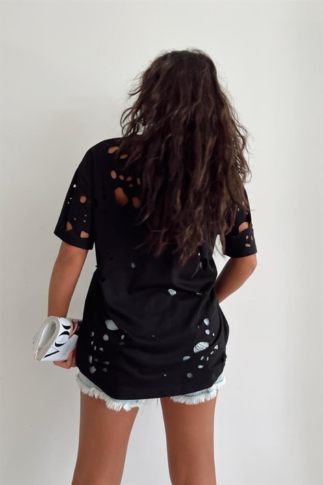 Delikli Rock Tshirt Siyah
