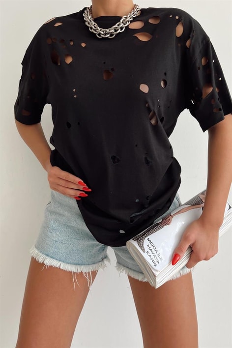 Delikli Rock Tshirt Siyah