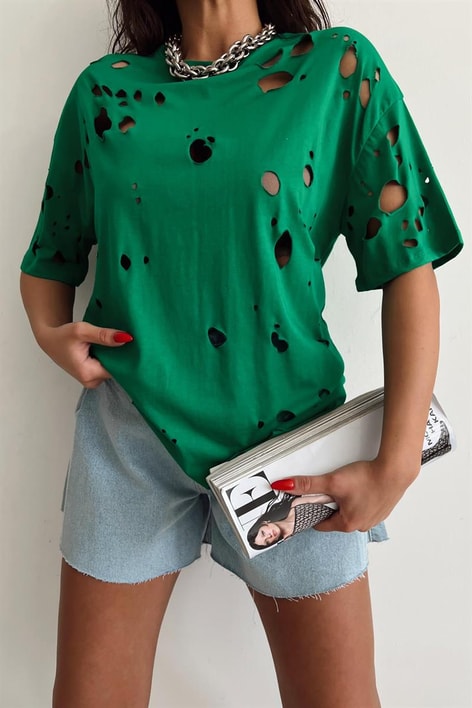 Delikli Rock Tshirt Yeşil