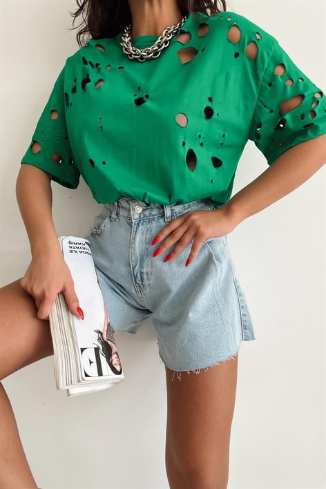 Delikli Rock Tshirt Yeşil