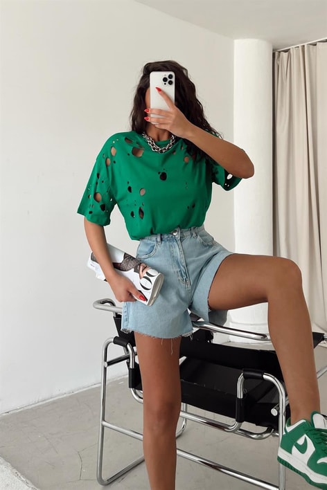 Delikli Rock Tshirt Yeşil