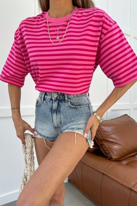 Düşük Omuz Çizgili  Tshirt Pembe