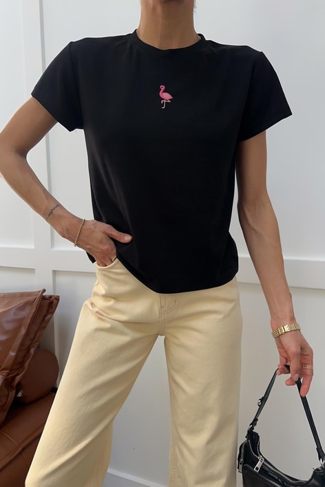 Flamingo Nakışlı Tshirt Siyah