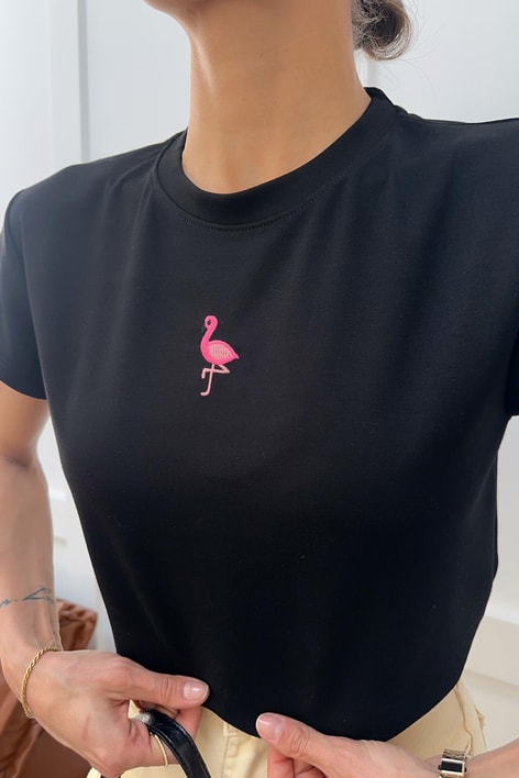 Flamingo Nakışlı Tshirt Siyah