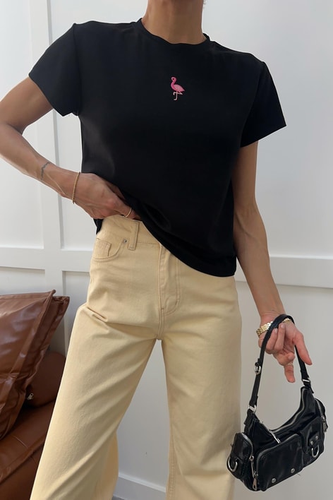 Flamingo Nakışlı Tshirt Siyah
