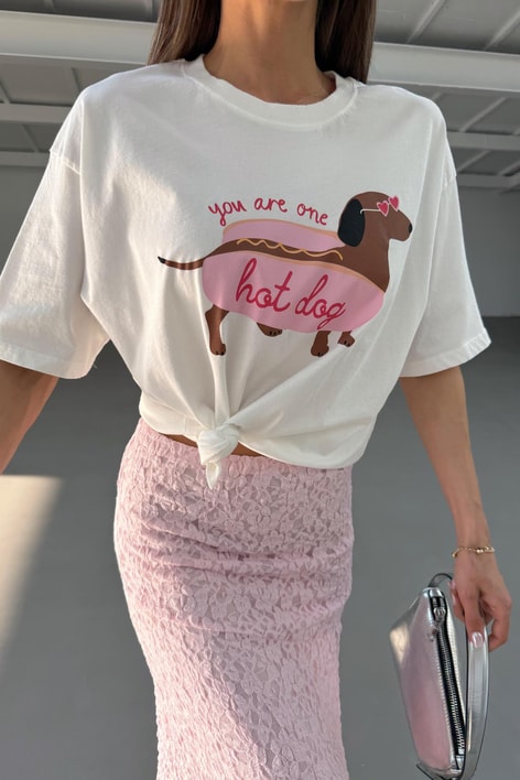 Hot Dog Baskılı T-shirt Ekru
