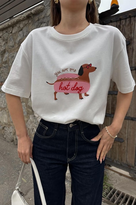 Hot Dog Nakışlı Tshirt Beyaz