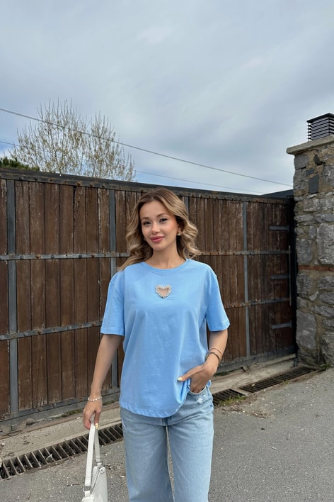 Kalp İşleme Tshirt Mavi