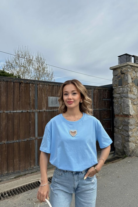 Kalp İşleme Tshirt Mavi