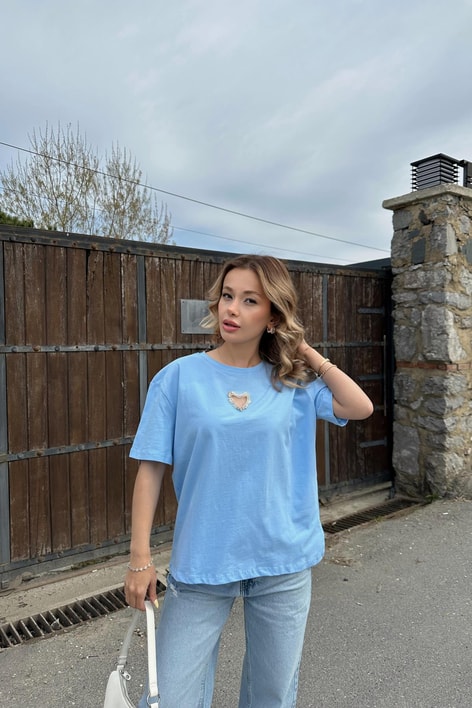 Kalp İşleme Tshirt Mavi