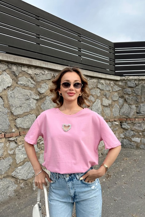 Kalp İşleme Tshirt Pembe