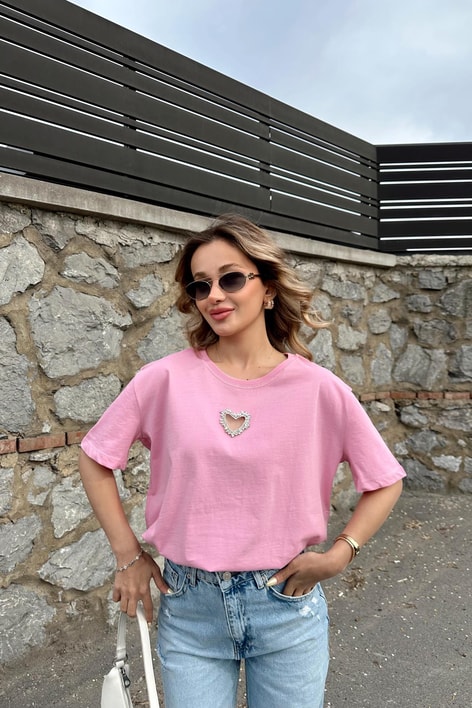 Kalp İşleme Tshirt Pembe