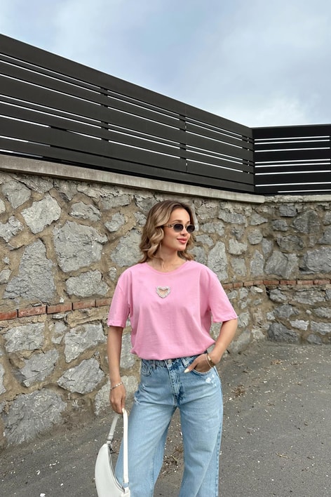 Kalp İşleme Tshirt Pembe