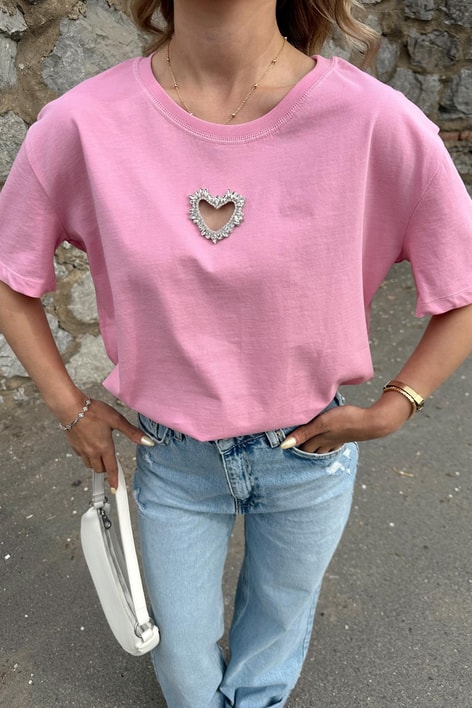 Kalp İşleme Tshirt Pembe