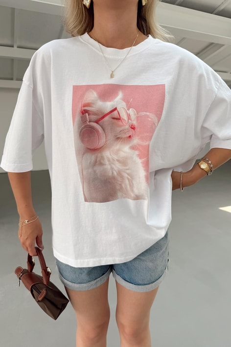 Kedi Baskılı Tshirt Ekru